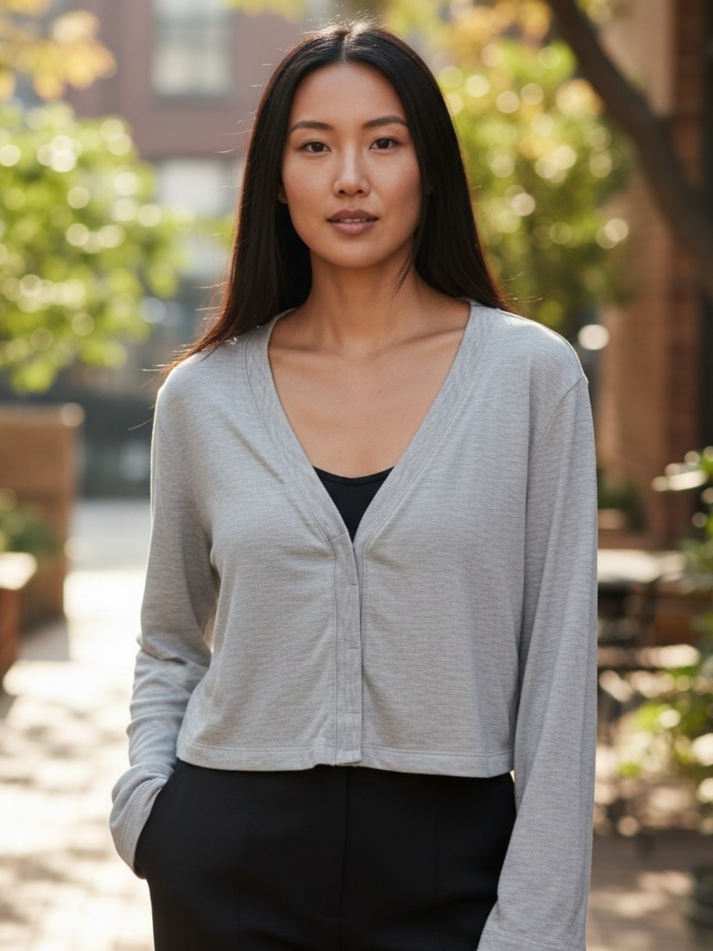 Travis Mathew Light Gray  V-Neck Cropped Long Sleeve Cardigan Tencel Top XS